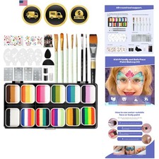 Face Painting Kit Kids Water-Based Safe Non Toxi 12 10g Paints Brushes Gems