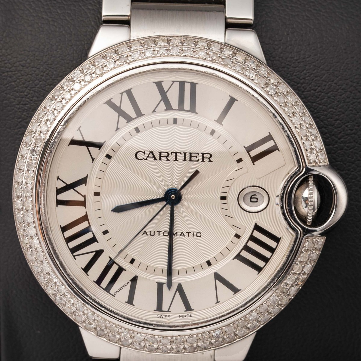 Cartier Ballon Bleu 42mm Diamond Bezel Silver Roman Dial Ref