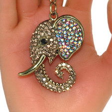 Large Rhinestone Gold Tone Elephant Head Keychain