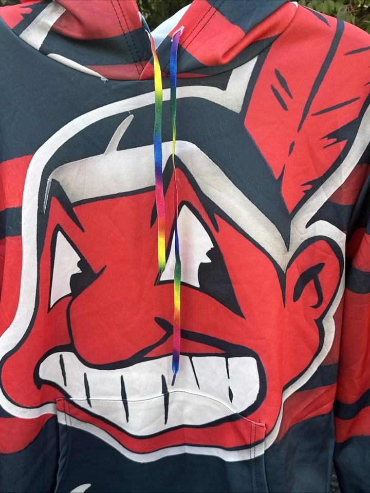 Vintage Cleveland Indians Chief Wahoo Big Logo All Over Print Hoodie XXL 2XL - Image 2 of 4