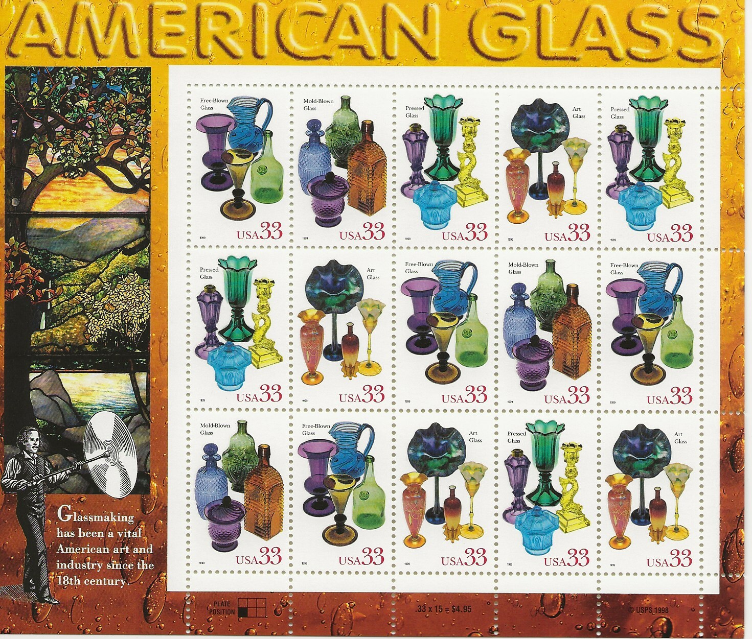 1999 33 cent American Glass full Sheet of 15, Scott #3325-3328, Mint NH