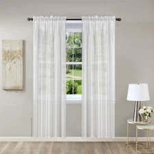 2PC SET NEW STYLE SOLID SILKY LINEN SEMI SHEER WINDOW CURTAIN PANEL OR VALANCE