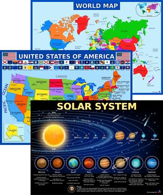 World Map, United States Map, and Solar System Poster with Extra Features   L...
