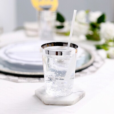 25 CLEAR SILVER 8 oz Plastic Rim CUPS Disposable Tableware Wedding Supplies