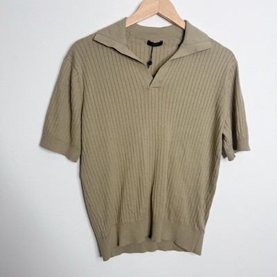 NWT Massimo Dutti Men Ribbed Knit Cotton Linen Blend Polo Shirt Green Medium