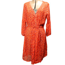 Old Navy Floral Chiffon Pleated-Front Knee Length Tie Waist Dress Orange L