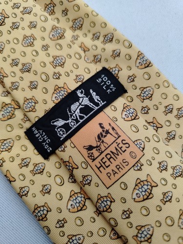 Hermes Paris 5035 PA Silk Designer Necktie Bubble Fish Pattern On Yellow Men Tie