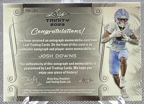 Josh Downs, 2023 Leaf Trinity Patch Autographs Gold XRC RPA 13/50 - Picture 2 of 2
