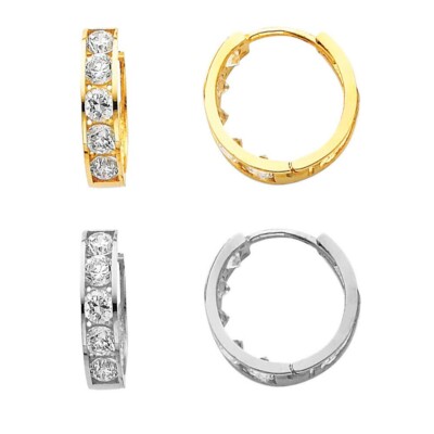 14k Yellow Gold or 14k White Gold Huggie Hoop Round Cut Cubic Zirconia Earrings