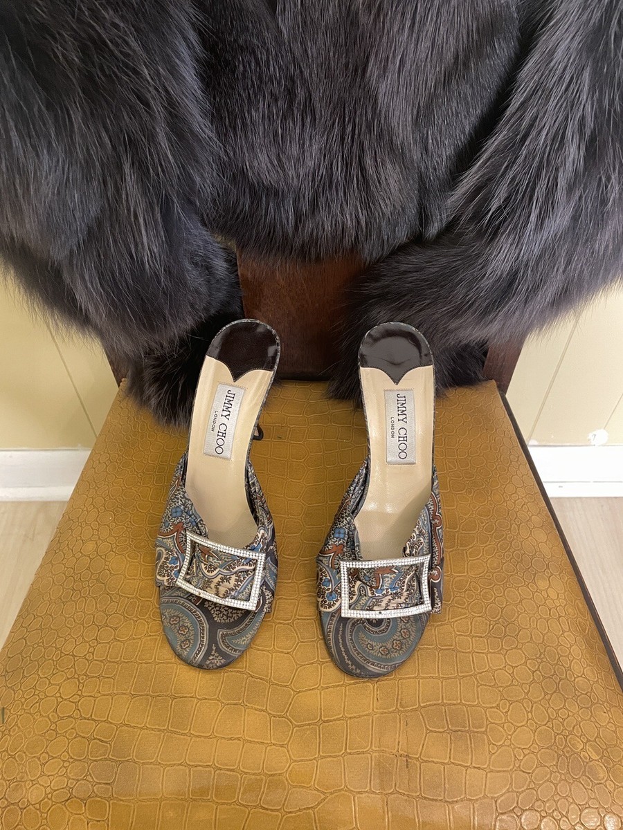 jimmy choo silk paisley 4” heel w/ rectangular rhinestone emblems