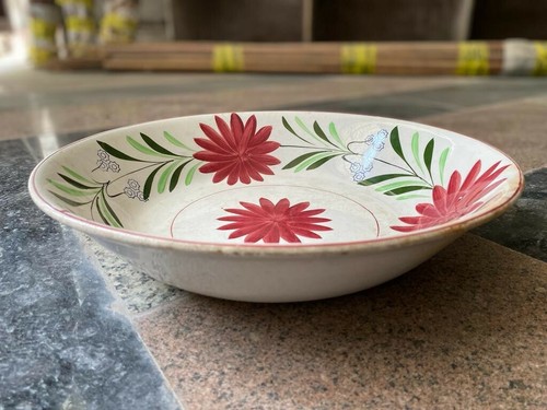 OLD VINTAGE HAND PAINTED FLORAL DESIGN STONEWARE PORCELAIN BIG PLATE BOWL, JAPAN - Picture 2 of 12