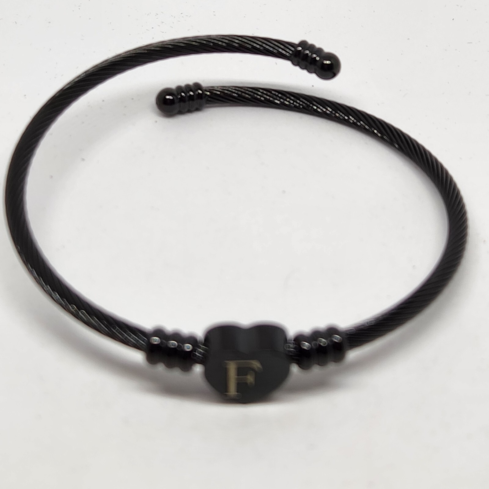 Initial F Heart Coil Bangle Bracelet Black
