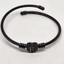 Initial F Heart Coil Bangle Bracelet Black