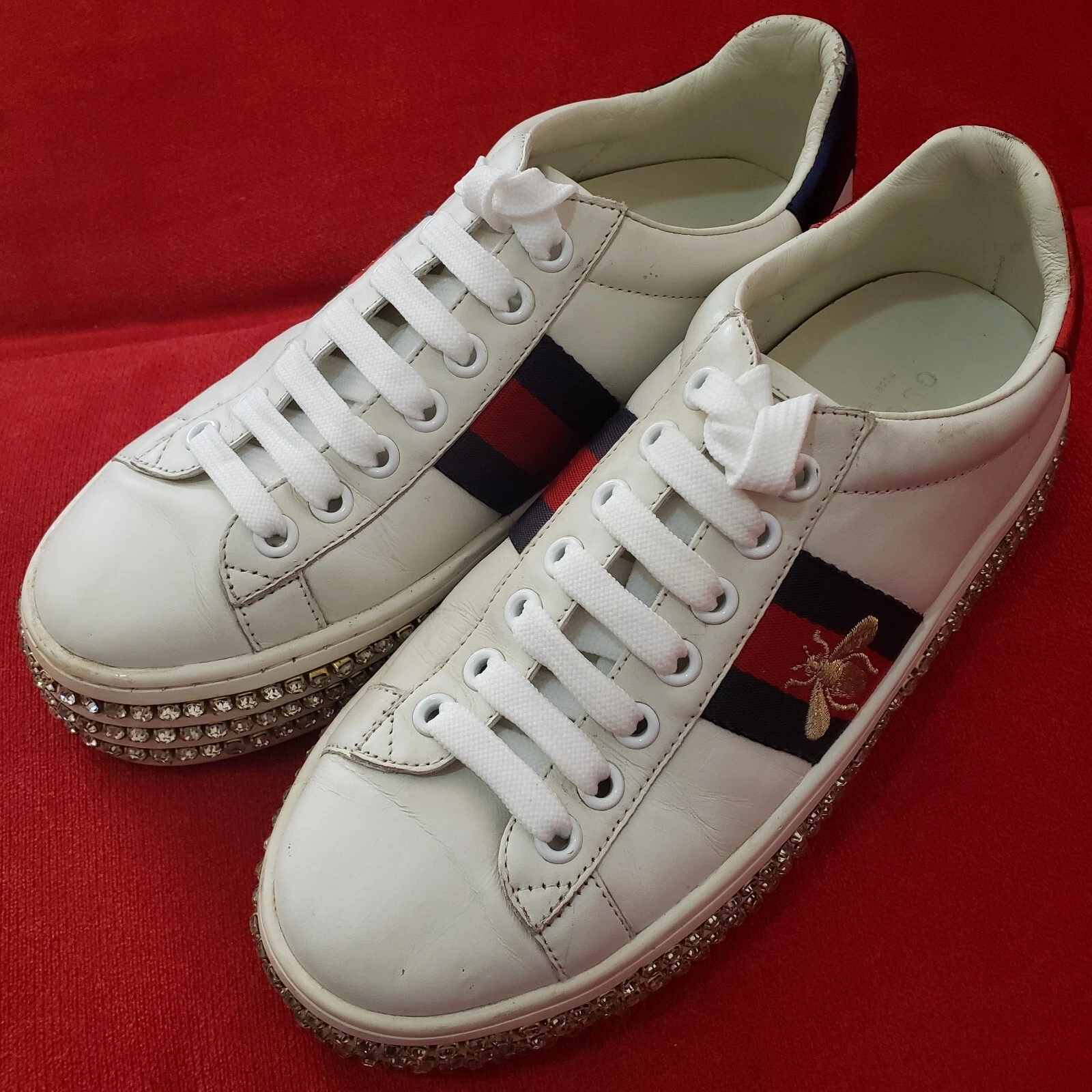 Baskets Gucci Ace Crystal & Bee Leather Web Band chaussures femme pointure US 7