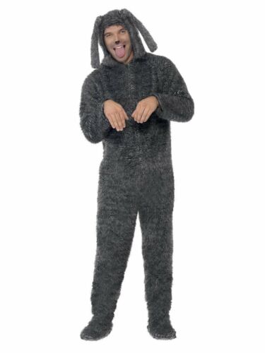 NEW GREY FUZZY PUPPY UNISEX HOODED JUMPSUIT ANIMAL COSTUME - Picture 1 of 2