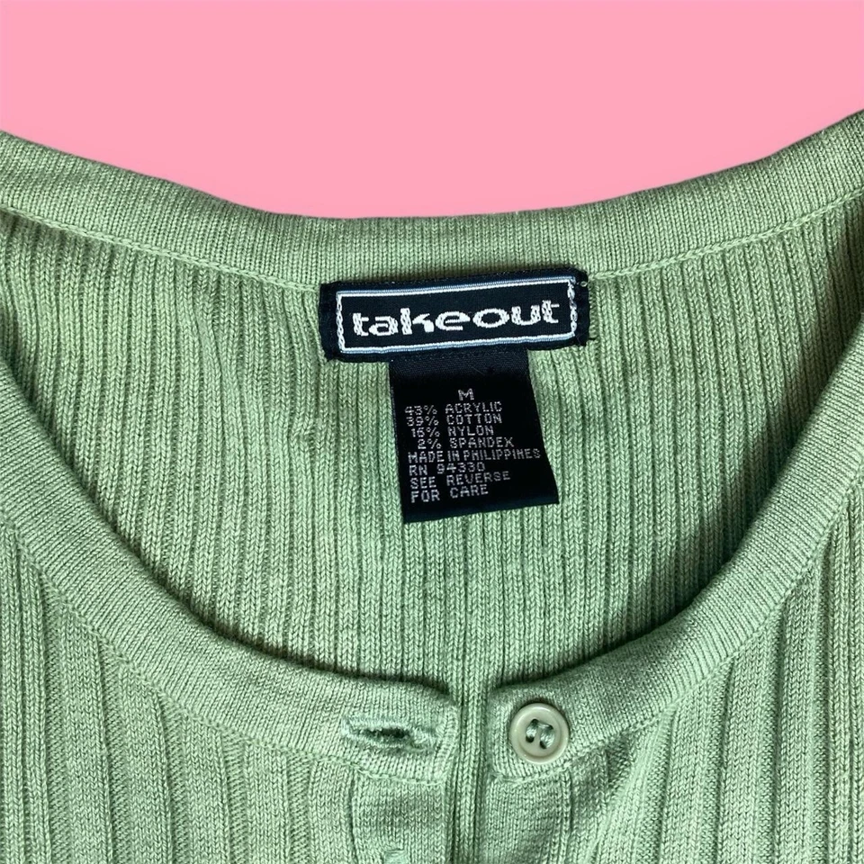 women’s Sz S Takeout vintage 90s green ribbed knit henley longsleeve top  - Image 4 of 4