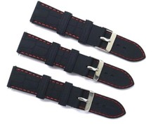 3Pcs 22mm Black Rubber Red Stitching Men Replacement Watch Band Silver Buckle