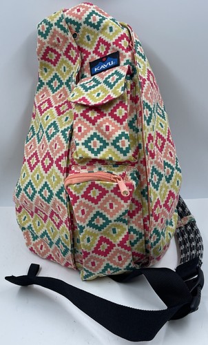 Kavu Women's Pink Geometric Zip Pocket Adjustable Strap Backpack Rope ...