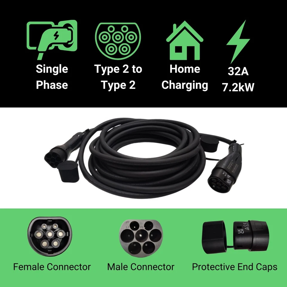 Type 2 to Type 2 15m EV Charging Cable 32A 7kW Single Phase with Free Carry Case - Image 2 of 4
