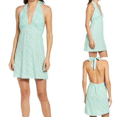 NWT BP Blue Floral Pattern Neck Tie Halter Mini Dress Wm XS Linen Blend  Backless | eBay