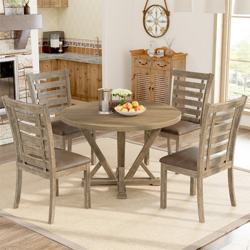 5 Piece Wood Dining Table Set Modern Farmhouse Round Dining Table with 4 Chairs