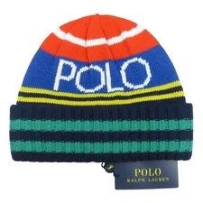 Polo Ralph Lauren Logo Striped Wool-Blend Beanie One Size Royal Multi NEW