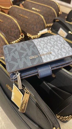 Michael Kors Jet Set Travel MD Bifold Zip Coin Credit Card Wallet MK Navy Blue - Picture 21 of 24
