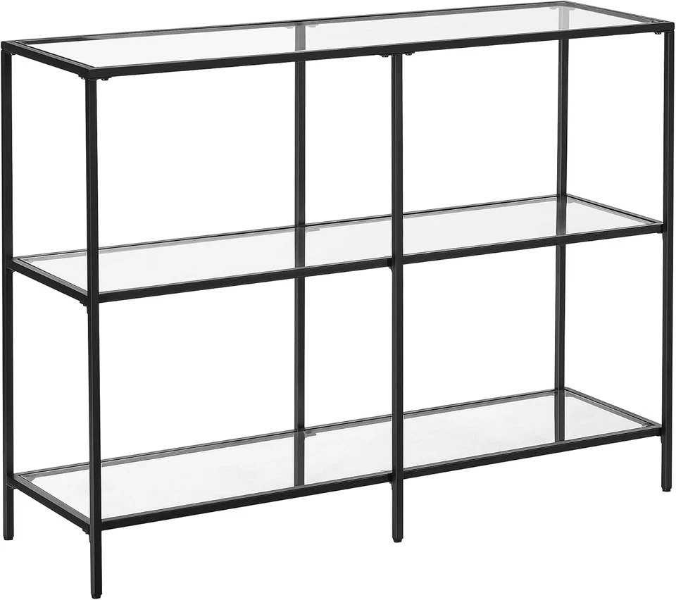 Glass Console Table with 3 Shelves, Steel Frame, Modern Black Storage - Image 3 of 4