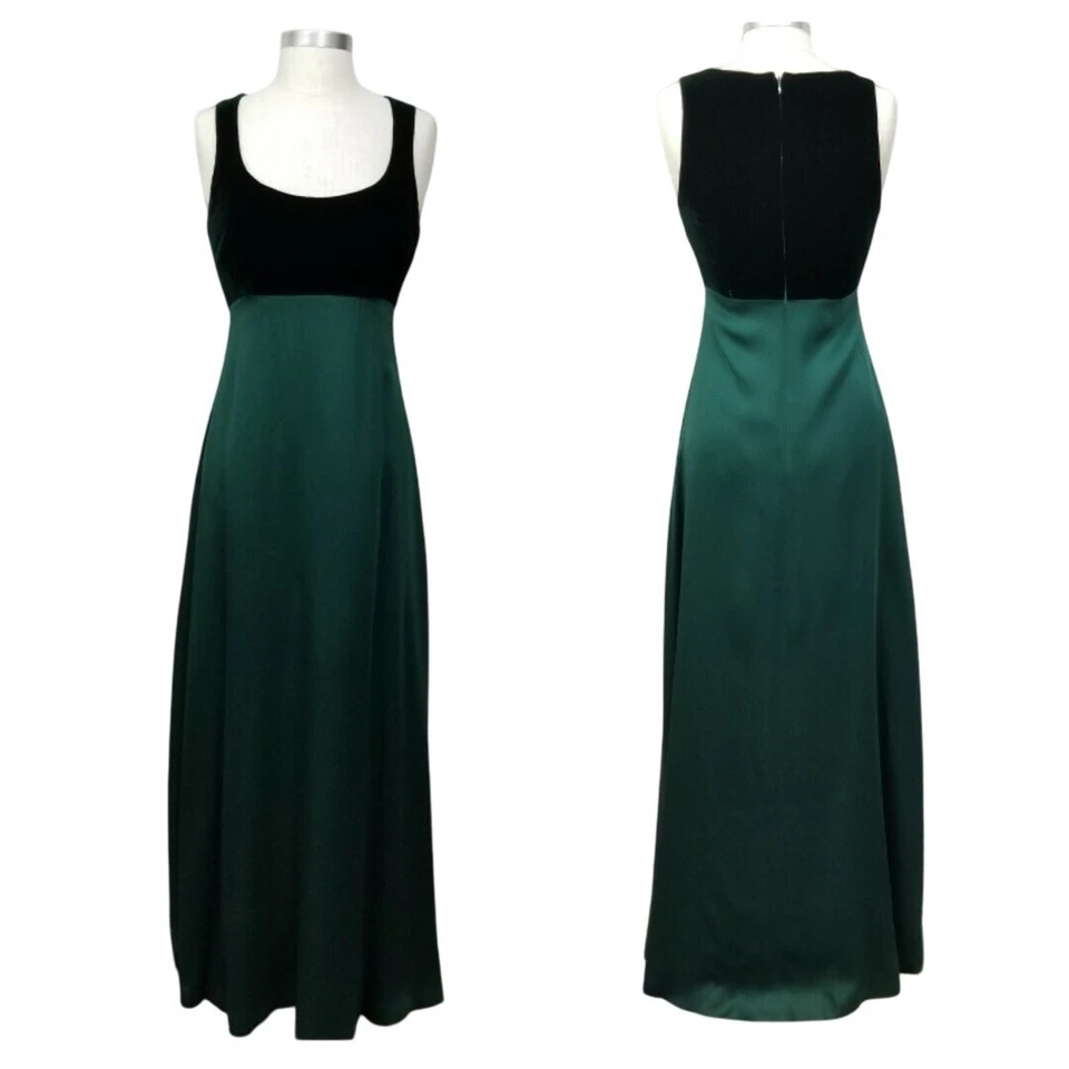 Vintage 90s Nicole Miller Green Velvet Satin Maxi Dress Made USA Evening Gown - Image 2 of 4