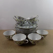 8 Lefton Violet Chintz Cups & Snack Plates Set Vintage Japan Porcelain