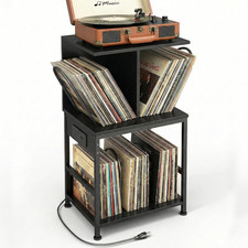 Vinyl Record Player Stand with Storage  USB Charger for Living Room