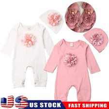 Newborn Baby Girl Long Sleeve Floral Romper Bodysuit Jumpsuit Hat Clothes Outfit