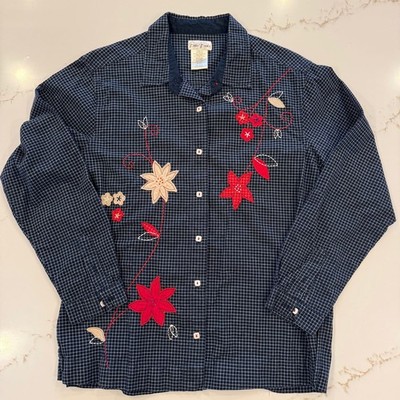 BOBBIE BROOKS - WOMEN'S BLUE PLAID EMBROIDERED LONG SLEEVE BUTTON-UP TOP - L