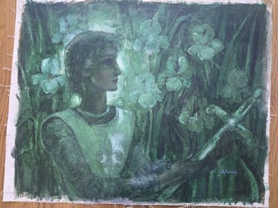 Mid Century Surrealism Janet Robson Kennedy Painting 22x28 Green Knight Sword