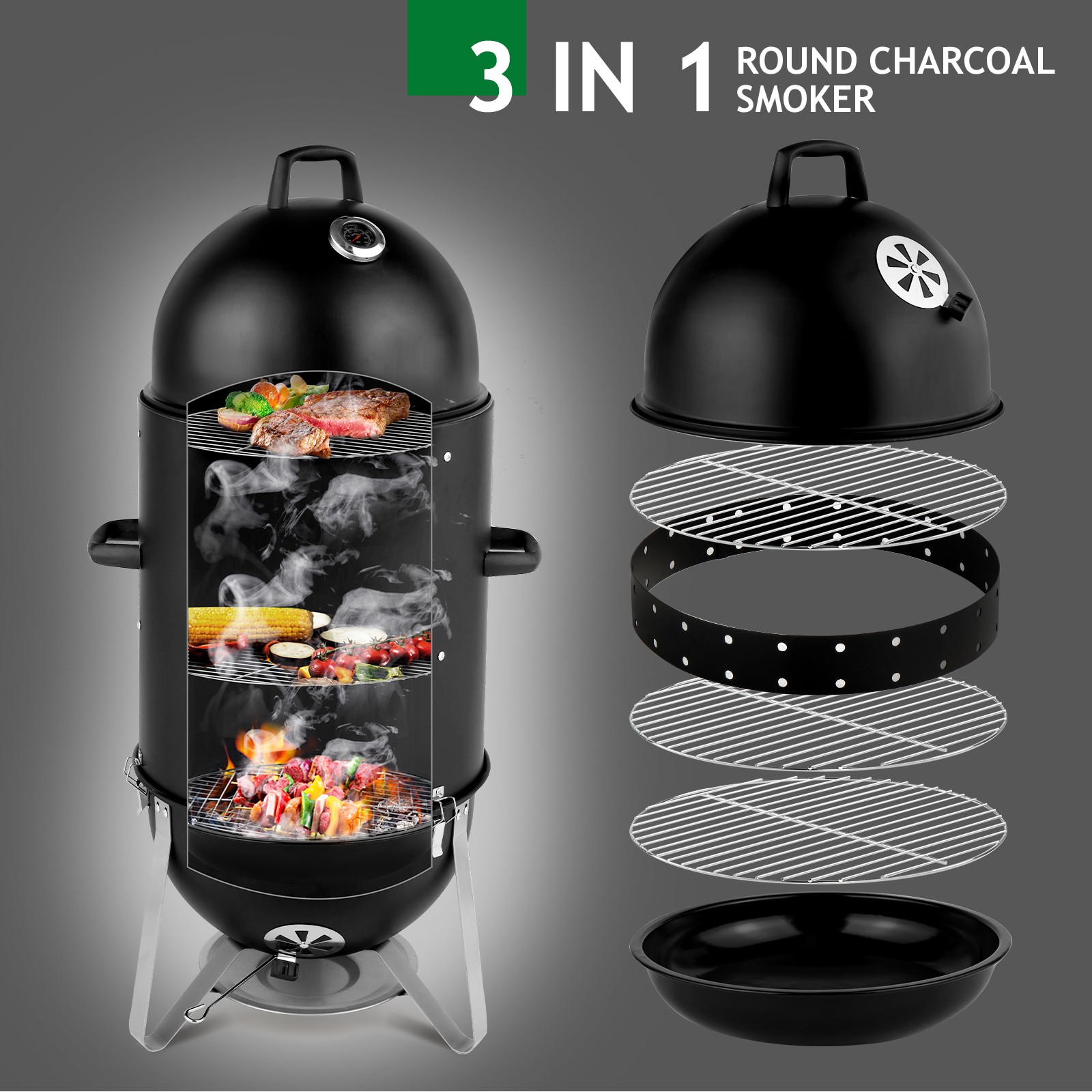Charcoal Smoker BBQ Grill 3in1 Outdoor Vertical Smokers Portable Meat Cooker