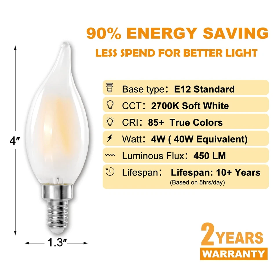 E12 LED Chandelier Light Bulbs, 4W(40w Equivalent) Dimmable C11 Frosted Glass... - Image 4 of 4