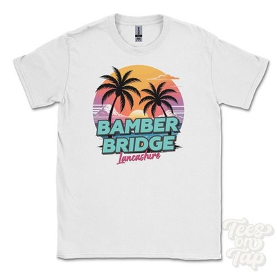 BAMBER BRIDGE LANCASHIRE T-SHIRT - Retro Miami Style lustig UK Sommer Parodie