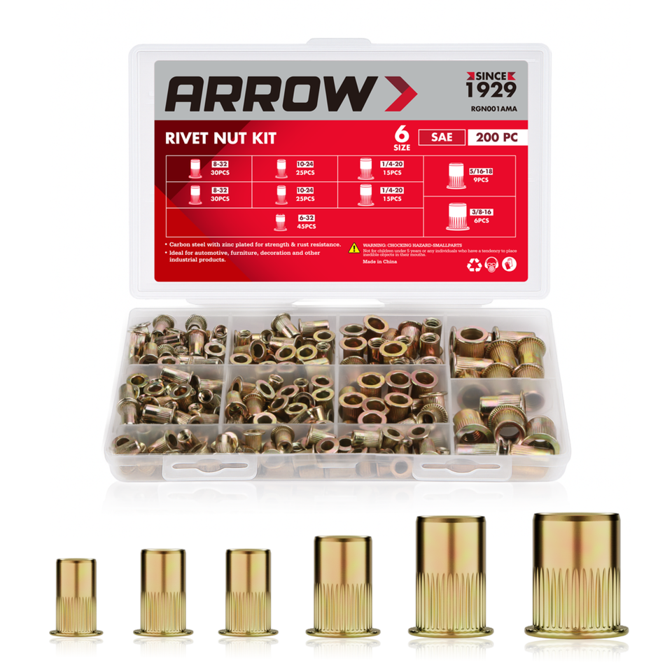Arrow 200PC Rivet Nut Kit SAE Rivnut Assortment FlatHead Threaded ...