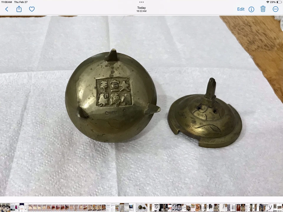 Antiguo quemador de incienso chino-bronce-dinastía marca Xuande-grabado Foto 3 de 4