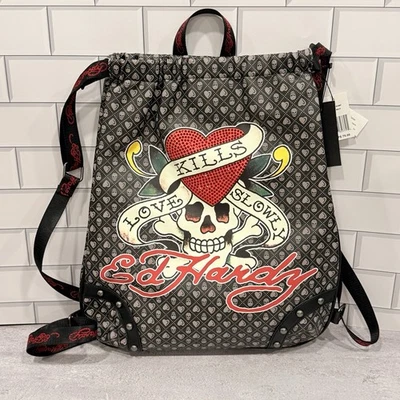Ed Hardy Love Kills Slowly Rhinestone Drawstring Backpack Grey Skull Heart NWT - Photo 1/4