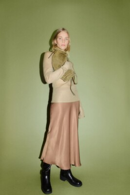 ZARA BEIGE BROWN SATIN MIDI SKIRT ZW COLLECTION SIZE L 9213/966