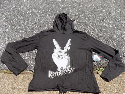 On Fire Black M Hoodie Draw String Trim Kindness Silver Hand Peace Sparkle Nails