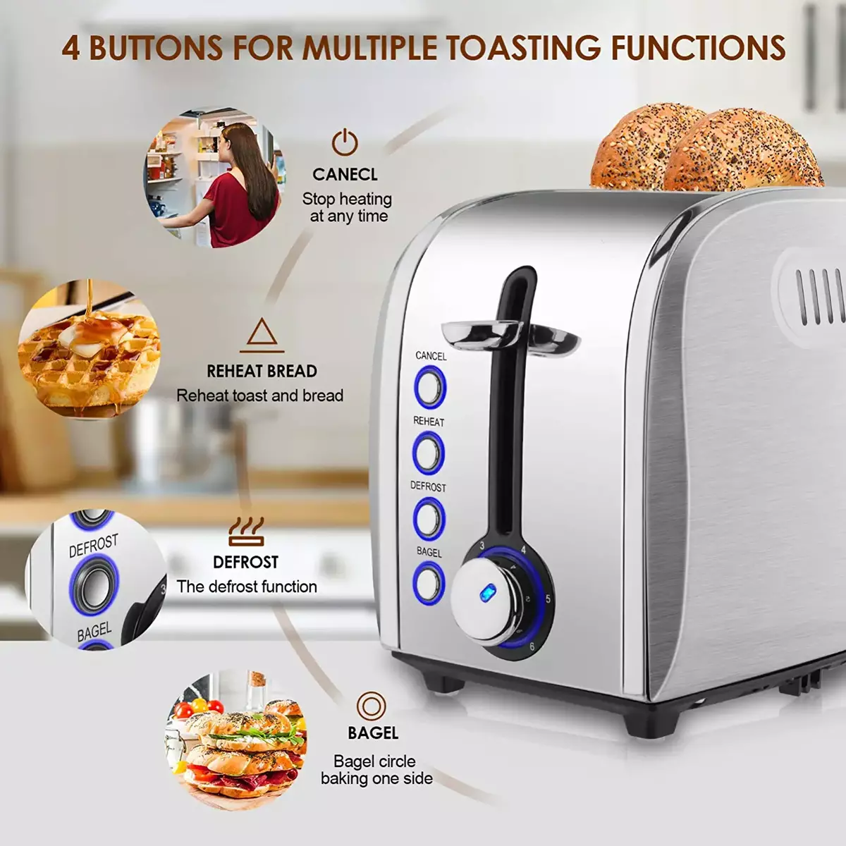 4 Slice Toaster, 4 Extra Wide Slots, Best Rated Prime Retro Bagel Toaster with 6 Bread Shade Settings, Defrost,bagel,cancel Function, Removable Crumb