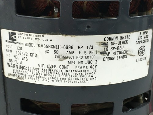 EMERSON KA55HXNLH-6996 Blower Motor 1/3 HP 1075 RPM 2 SPD 120 V used #ME242 - Picture 3 of 4