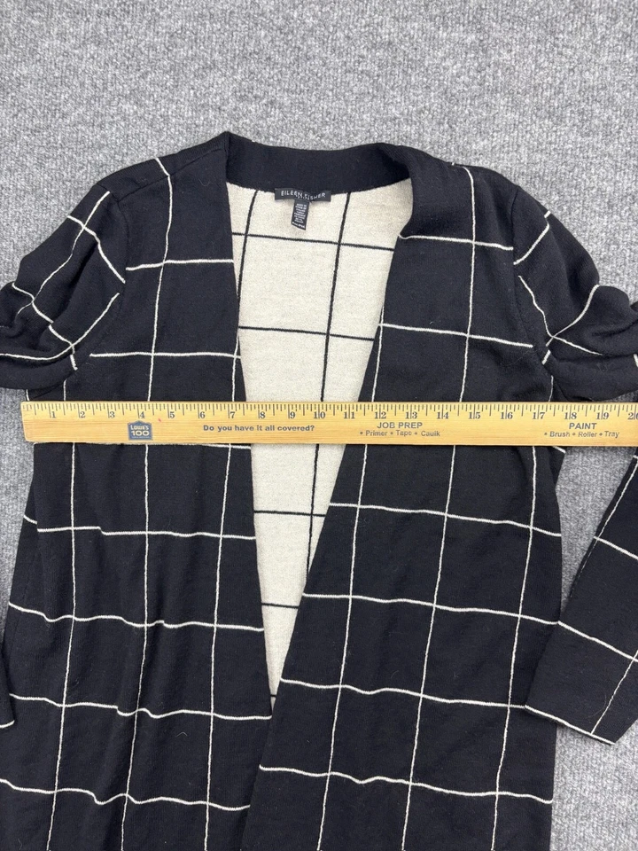 Eileen Fisher Wool Sweater Women's PM Black White Check Windowpane Open Cardigan - Image 3 of 4