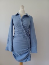 ZARA Blazer Dress Ruched Long Sleeve Bodycon Zip Collar Buttons Blue Dress M