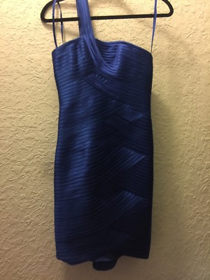 bcbg blue bandage dress BCBG MAX AZRIA Blue and Silver Taffeta Ruched Bandage Dress, size M