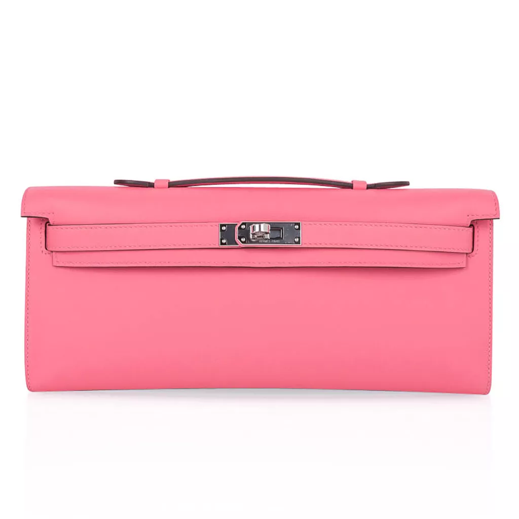 Hermes Kelly Cut Pink Rose Azalee Clutch Bag Swift Palladium New