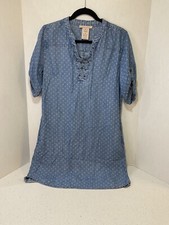 Philosophy Womens Size M Chambray Shirt Dress Blue Short Roll Tab Sleeves Tencel