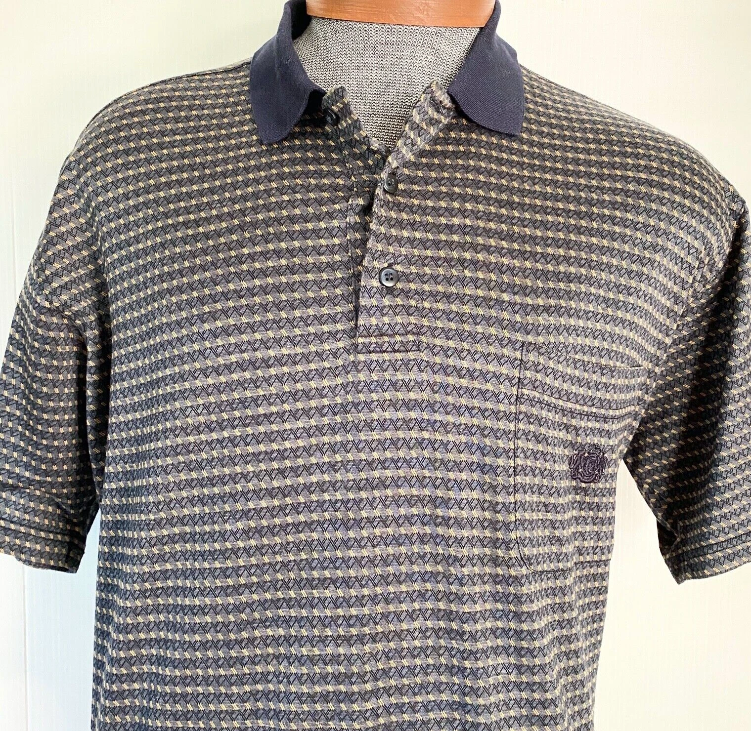 A.Testoni Men's polo shirt L XL navy blue gold cotton w logo on pocket Italy